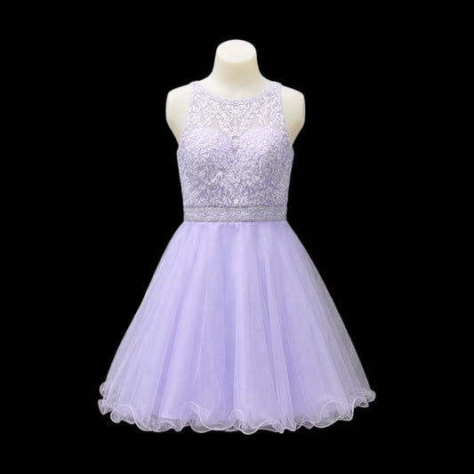 Lavender Halter Lace Jr. Grad Dress with Beaded Waist and Tulle Skirt (S)