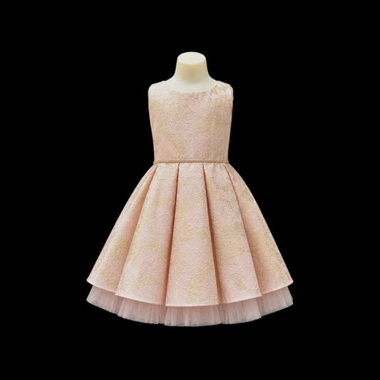 Blush & Gold Floral Jacquard Flower Girl Dress with Peek-a-Boo Crystal Tulle Hem and Rhinestone Waist Trim