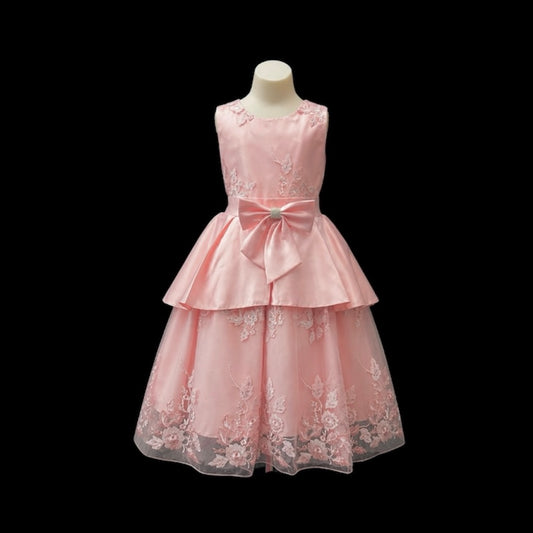 Fancy Kids Pink Satin & Tulle Embroidered Dress with Rhinestone Bow Waist