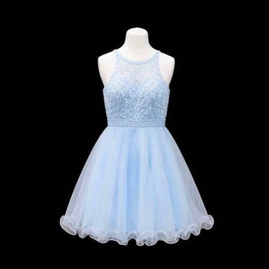 Halter Lace Jr. Grad Dress with Beaded Waist and Tulle Skirt