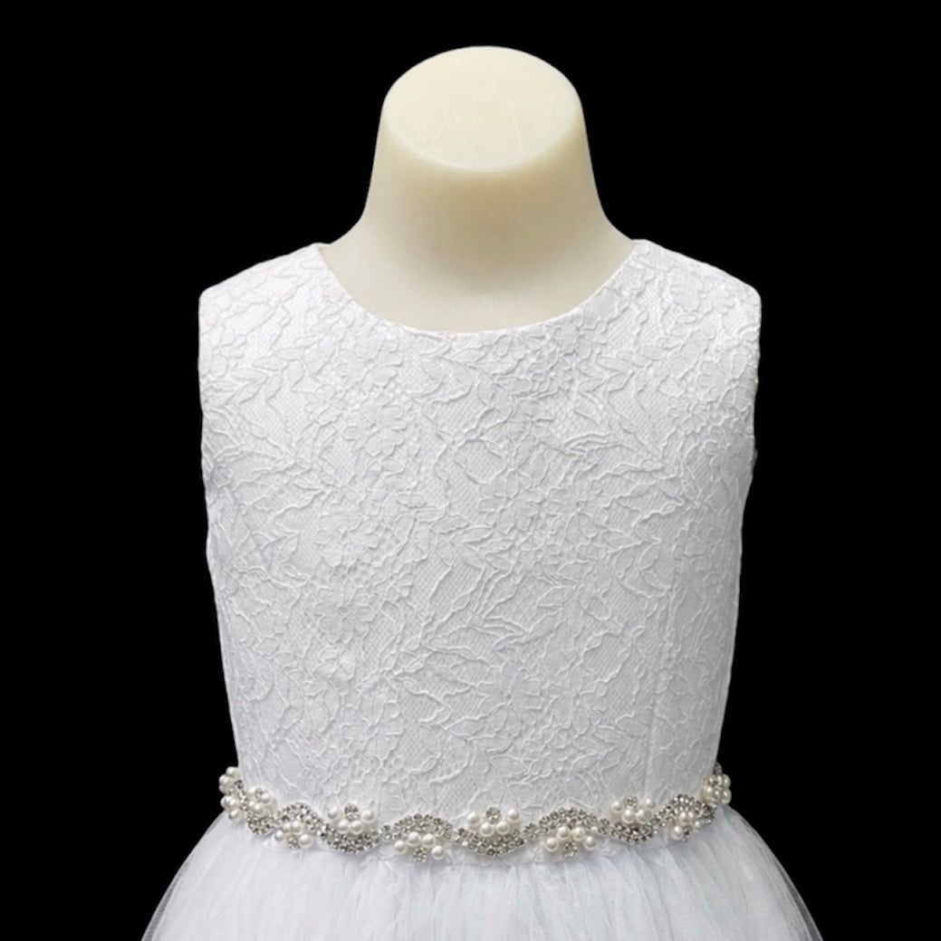 White Sleeveless Floral Lace Girls Formal Dress with Full Tulle Skirt & Pearl Rhinestone Waist