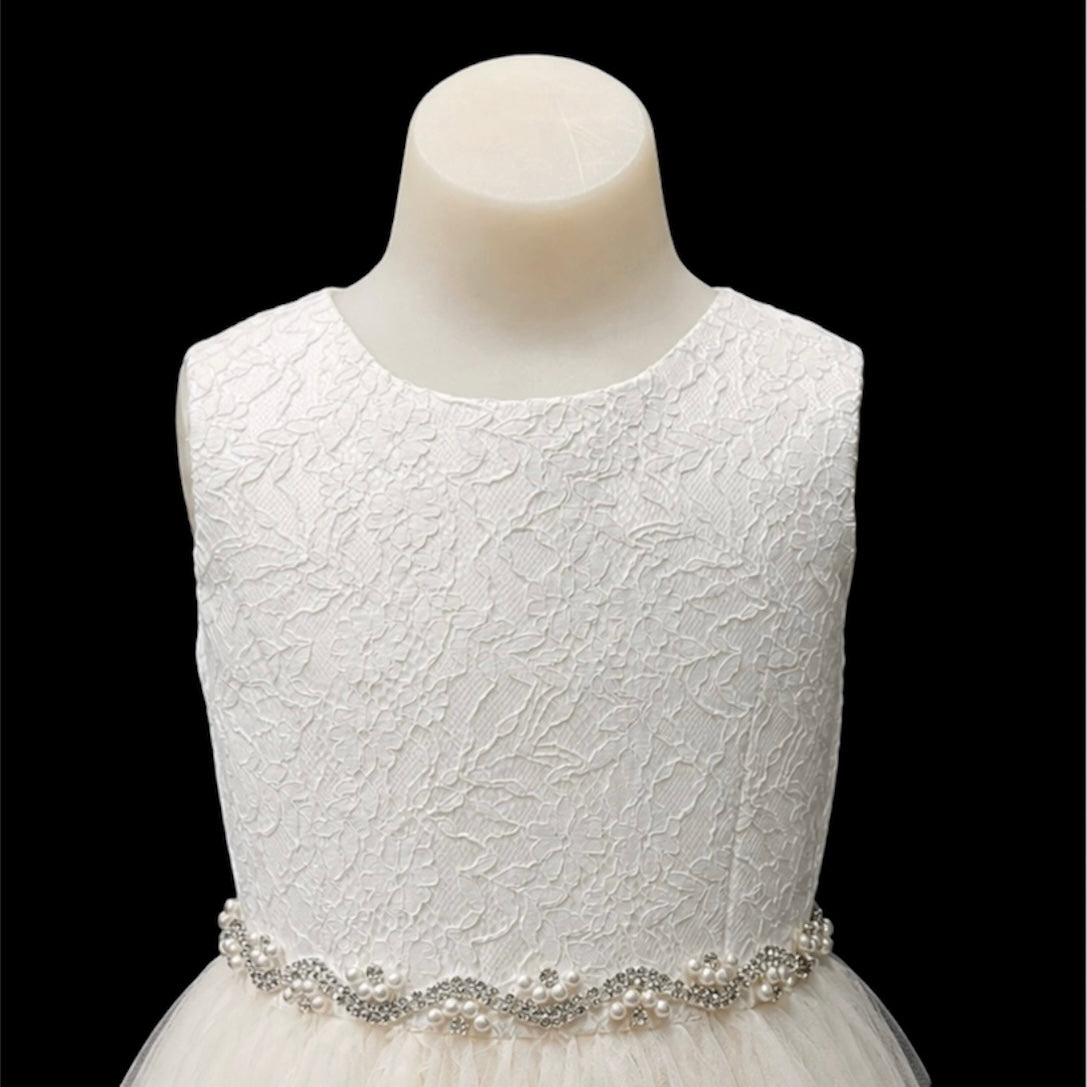 Ivory Sleeveless Floral Lace Girls Formal Dress with Full Tulle Skirt & Pearl Rhinestone Waist