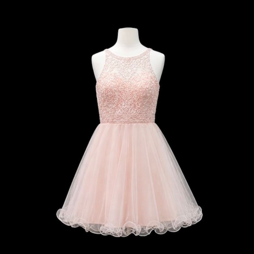 Blush Halter Lace Jr. Grad Dress with Beaded Waist and Tulle Skirt (M)