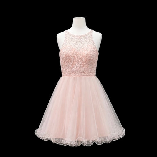 Blush Halter Lace Jr. Grad Dress with Beaded Waist and Tulle Skirt (M)