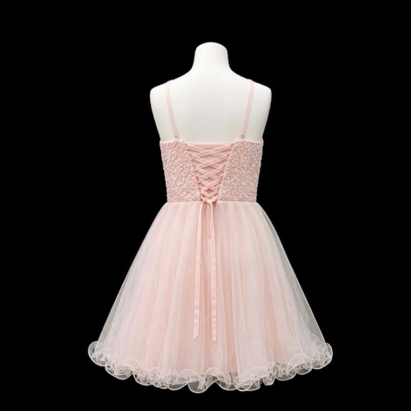 Blush Halter Lace Jr. Grad Dress with Beaded Waist and Tulle Skirt (M)