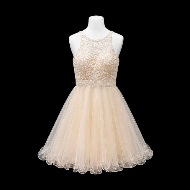 Halter Lace Jr. Grad Dress with Beaded Waist and Tulle Skirt