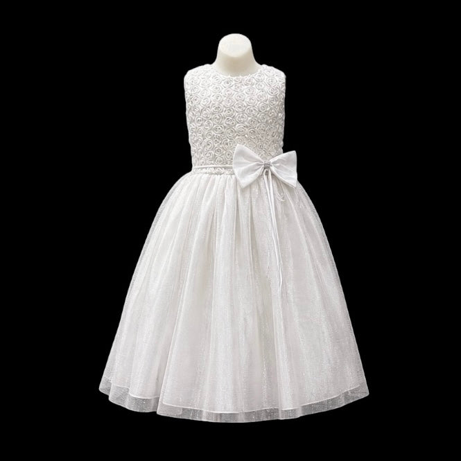 White Glitter Tulle Dress with Floral Ribbon Bodice & Rhinestone Bow Waist