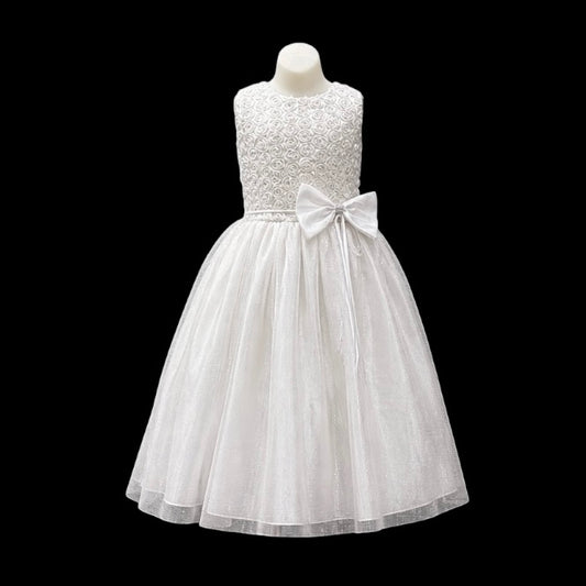 White Glitter Tulle Dress with Floral Ribbon Bodice & Rhinestone Bow Waist