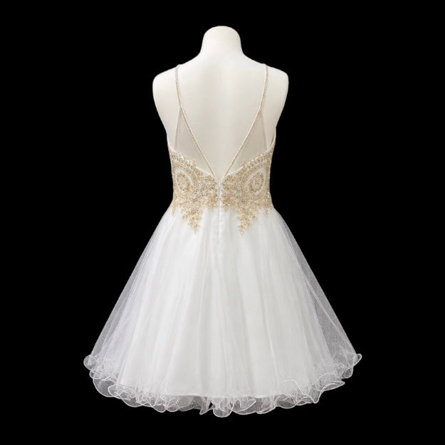 White & Gold Halter Jr. Grad Dress with Embroidered Rhinestone Bodice and Tulle Skirt (M)
