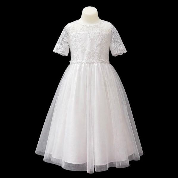 Jolene White Floral Lace Dress w/ Sequin Bodice & Crystal Tulle Skirt
