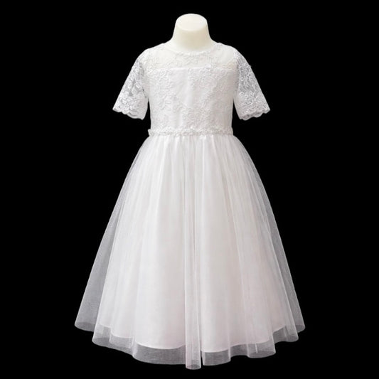 Jolene White Floral Lace Dress w/ Sequin Bodice & Crystal Tulle Skirt