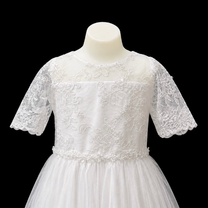 Jolene White Floral Lace Dress w/ Sequin Bodice & Crystal Tulle Skirt