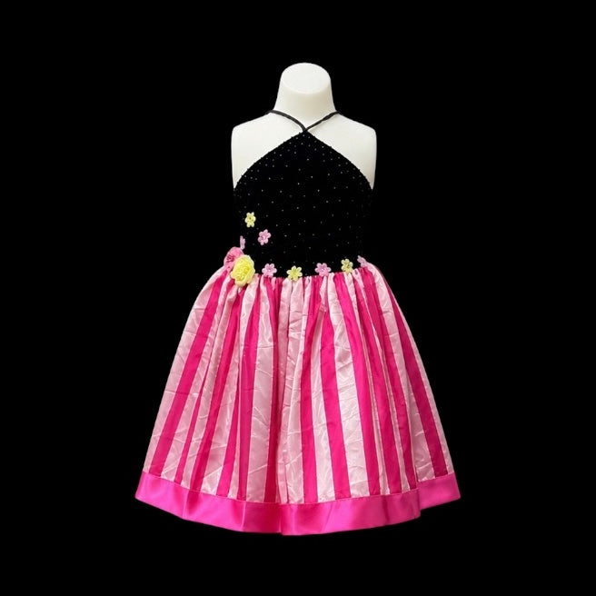 Black & Pink Halter Dress w/ Floral Waist Detail & Striped Skirt