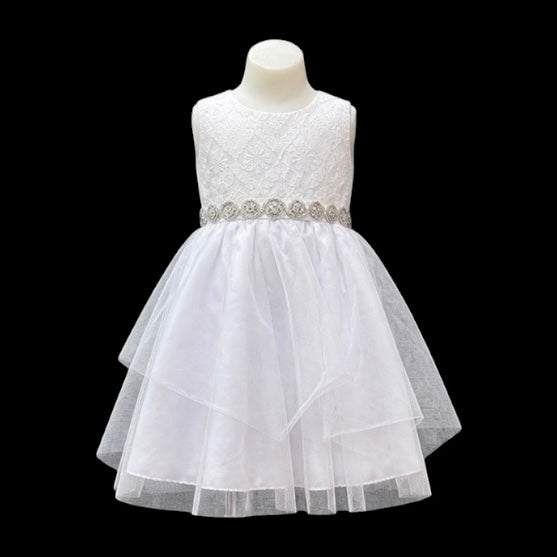 Girls White Lace Dress with Layered Tulle Skirt & Rhinestone Waist Detail (Size 4)