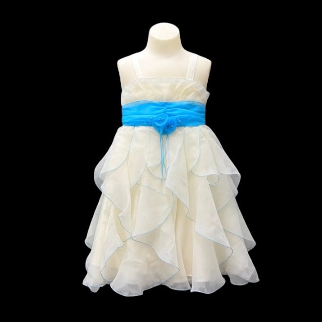 Yellow Layered Organza Dress with Turquoise Sash & Rosette Accent (Size 4)