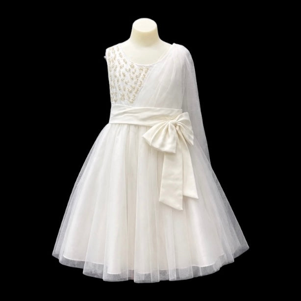 Ivory One Shoulder Tulle Dress with Beaded Bodice and Satin Bow Sash (Size 4)