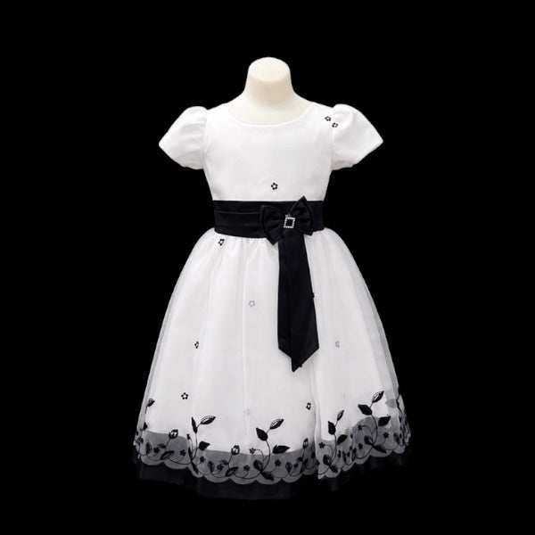 White Short Sleeve Toddler Dress with Black Satin Sash & Embroidered Tulle  Skirt (Size 2/3)