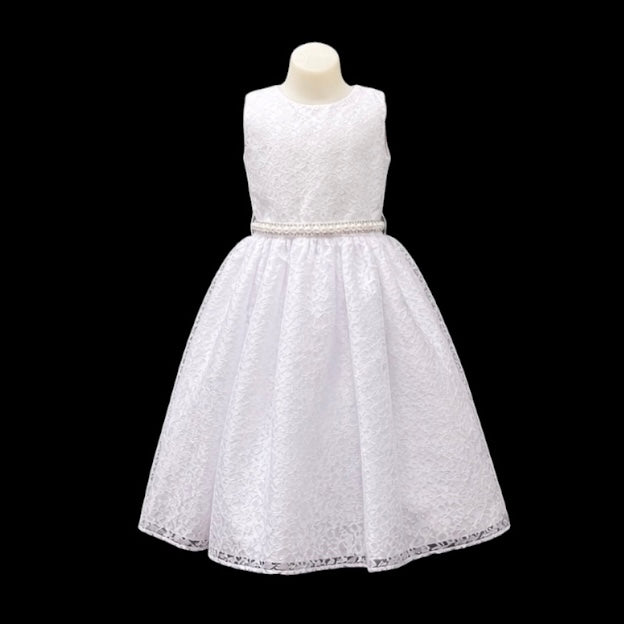 White Lace Tea-Length Dress with Pearl & Rhinestone Waist Detail