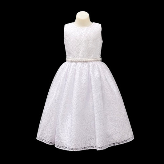 White Lace Tea-Length Dress with Pearl & Rhinestone Waist Detail