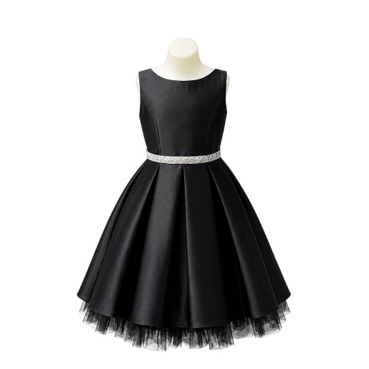 Black Satin Pleated Dress with Peek-a-Boo Crystal Tulle Hem and Rhinestone Waist Trim