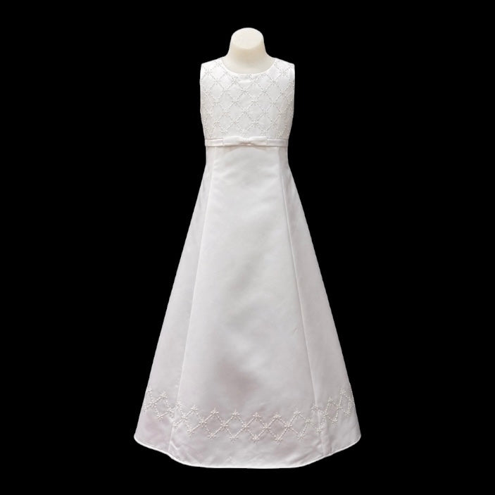 White Floor-Length Satin Dress with Sequin Embroidered Bodice & Hem