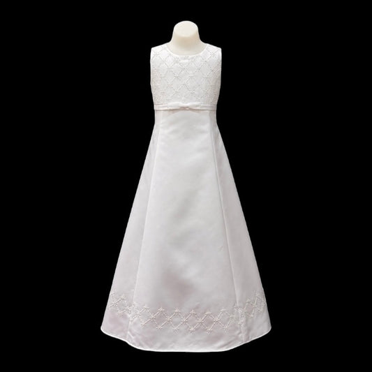 White Floor-Length Satin Dress with Sequin Embroidered Bodice & Hem