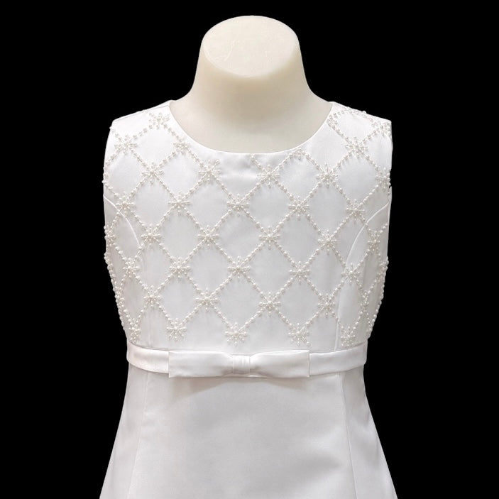 White Floor-Length Satin Dress with Sequin Embroidered Bodice & Hem