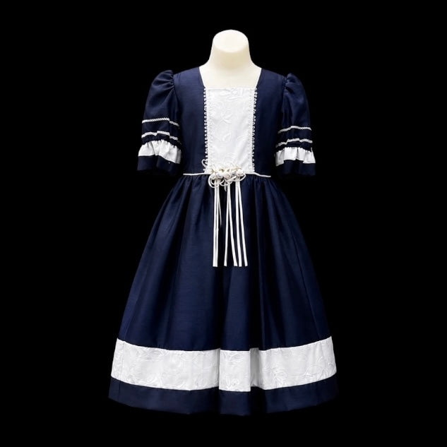 Navy & White Princess Dress w/ Puff Sleeves, Square Neckline & Floral Waist Detail (Size 8)