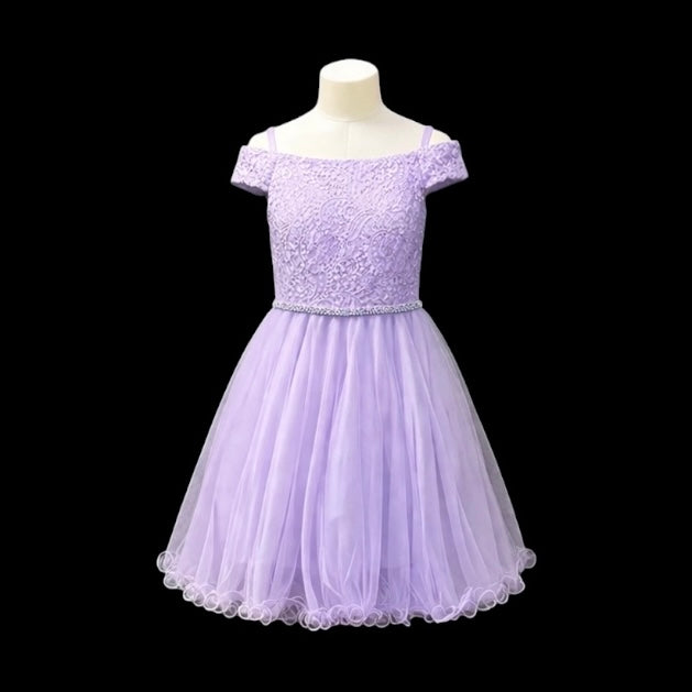 Lavender Off-the-Shoulder Lace Jr. Grad Dress with Tulle Skirt & Rhinestone Waist (M)