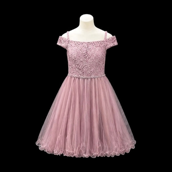 Mauve Off-the-Shoulder Lace Jr. Grad Dress with Tulle Skirt & Rhinestone Waist (L)