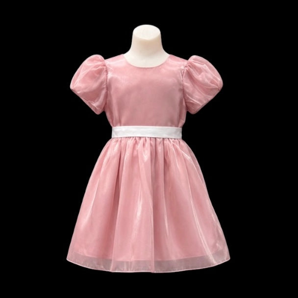Blush Pink Puff Sleeve Dress w/ White Satin Sash (Size 10)