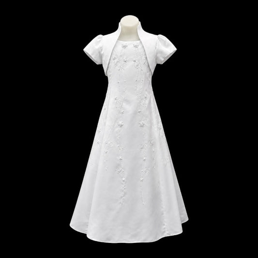 White Floor-Length Satin Dress with Pearl Floral Embroidery & Matching Bolero