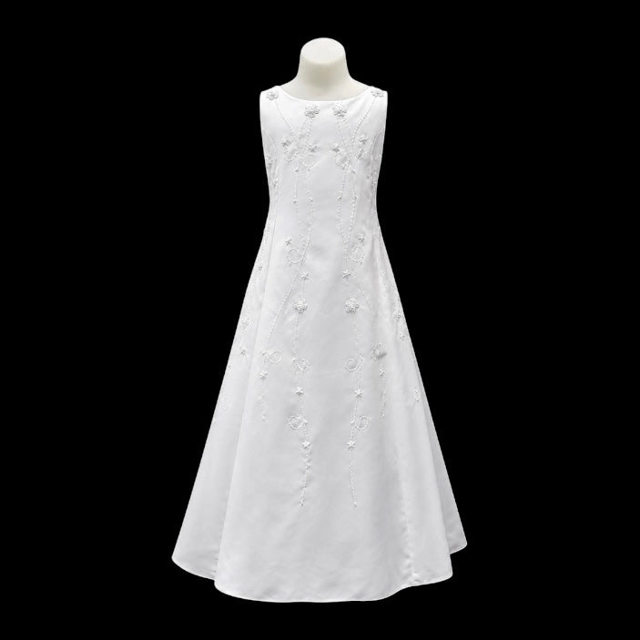 White Floor-Length Satin Dress with Pearl Floral Embroidery & Matching Bolero