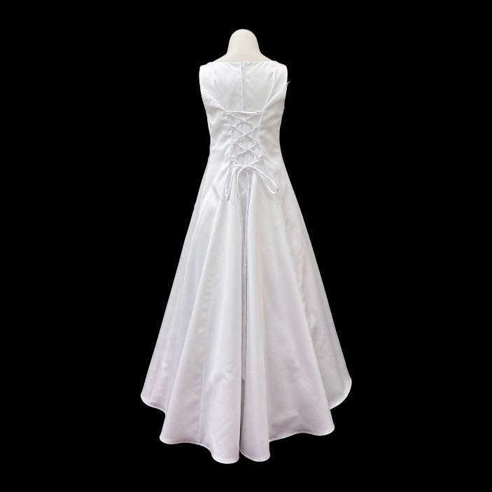 White Floor-Length Satin Dress with Pearl Floral Embroidery & Matching Bolero