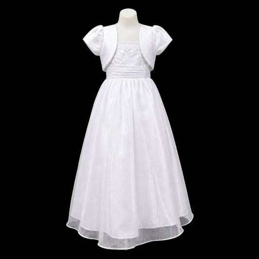 White Floor-Length Dress with Embroidered Bodice & Satin Bolero