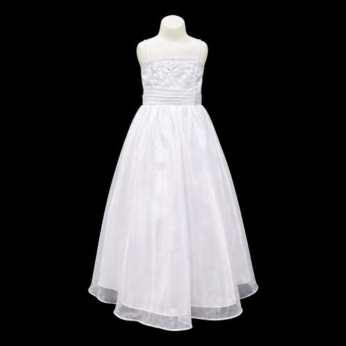 White Floor-Length Dress with Embroidered Bodice & Satin Bolero