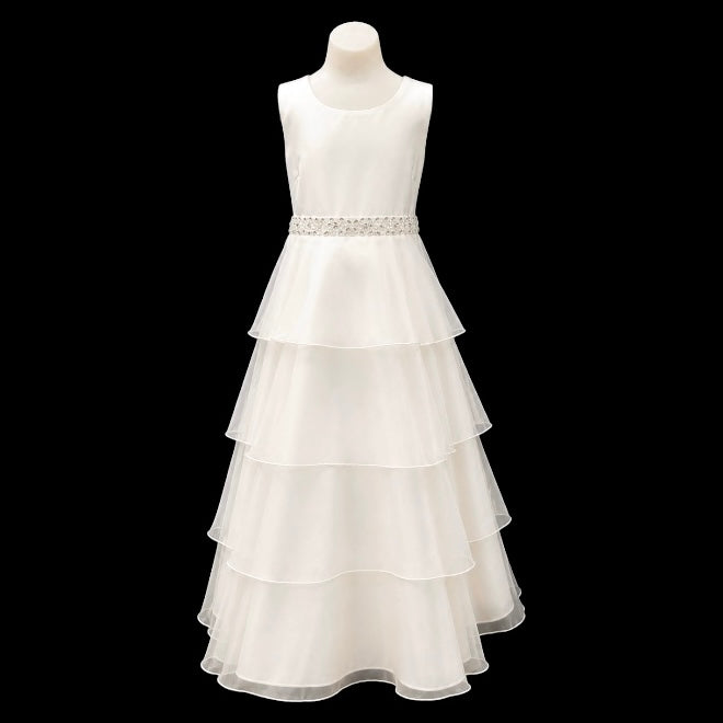 Ivory Sleeveless Satin Dress with Beaded Waist & Tiered Tulle Skirt