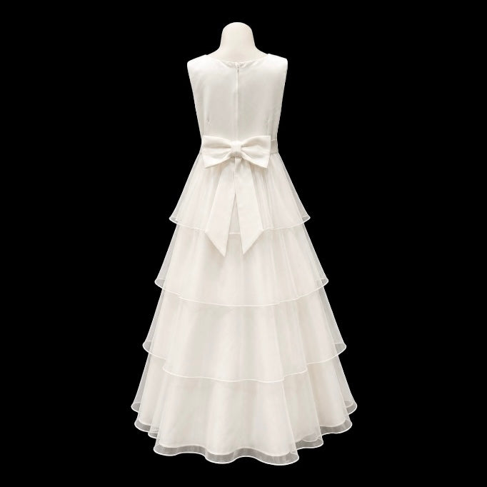 Ivory Sleeveless Satin Dress with Beaded Waist & Tiered Tulle Skirt