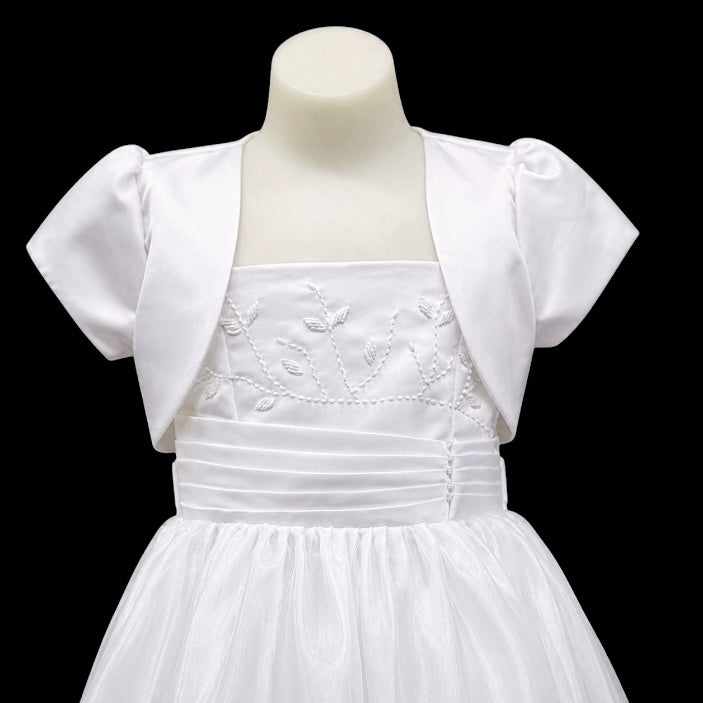 White Floor-Length Dress with Embroidered Bodice & Satin Bolero