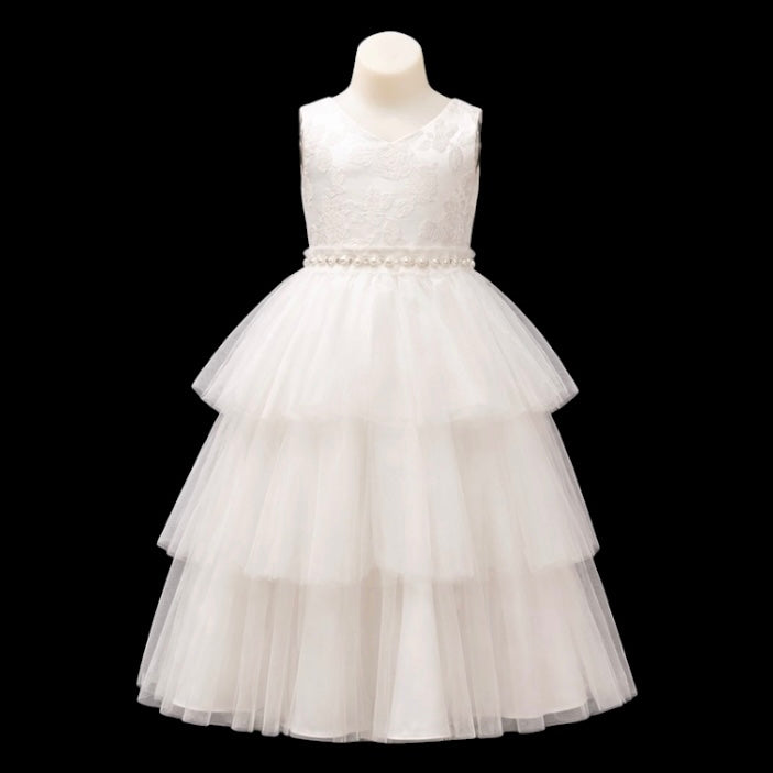 Off-White Tiered Tulle Dress with Floral Embroidered Bodice & Pearl Waist (Size 12)