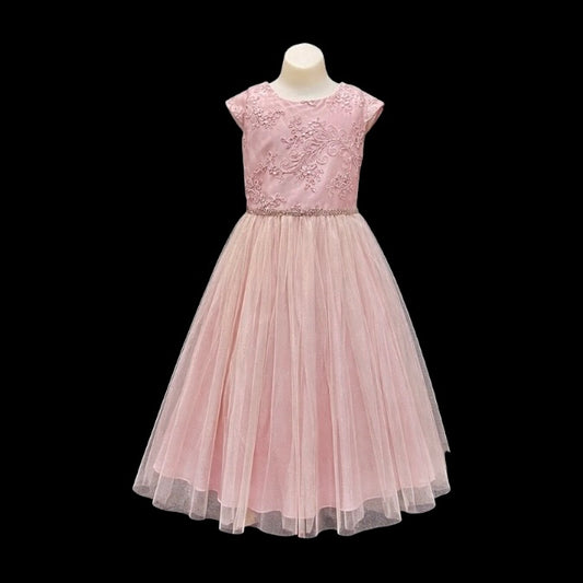 Cap Sleeve Mauve Floral Embroidered Tulle Dress w/ Sparkle Tulle Overlay