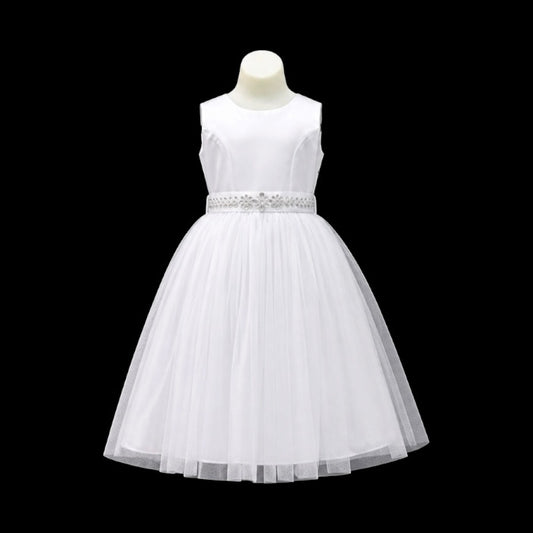 Sleeveless Tulle Tea Length Dress with Crystal Beaded Waist Sash