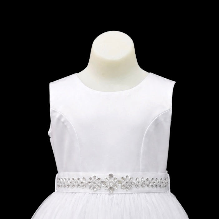 Sleeveless Tulle Tea Length Dress with Crystal Beaded Waist Sash