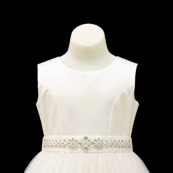 Sleeveless Tulle Tea Length Dress with Crystal Beaded Waist Sash