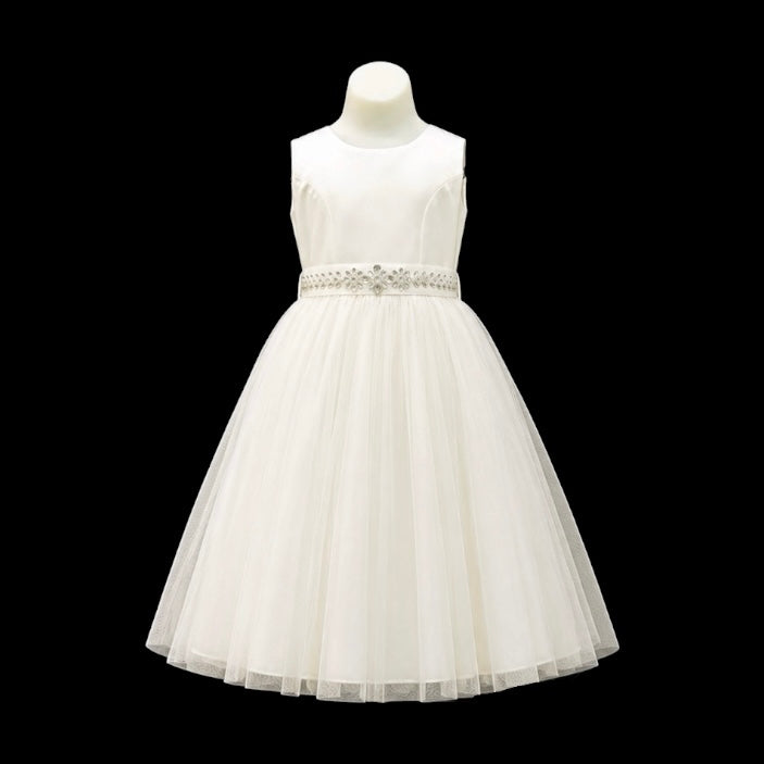 Sleeveless Tulle Tea Length Dress with Crystal Beaded Waist Sash