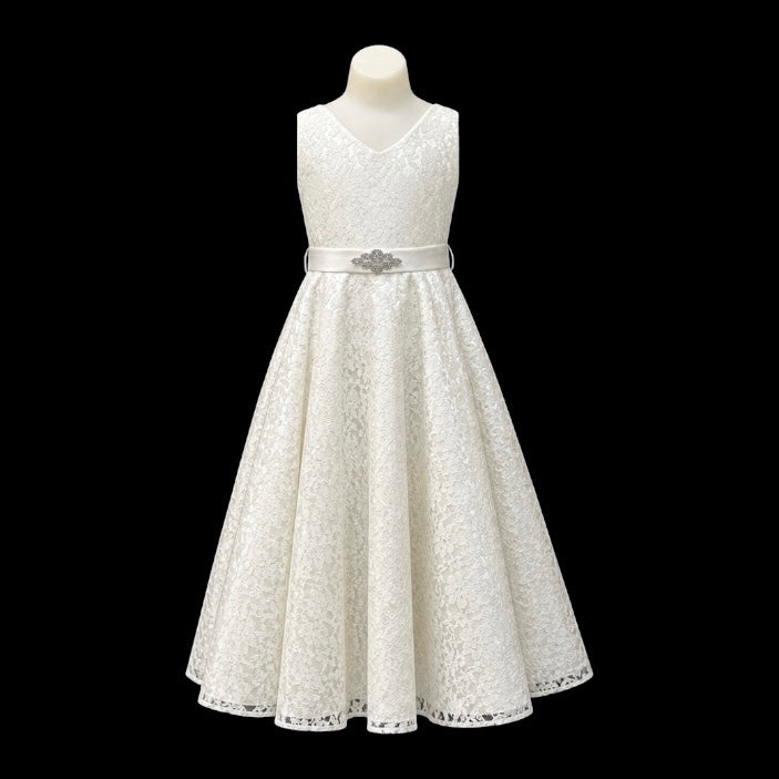 Ivory Lace Ankle-Length Dress with V-Neckline & Rhinestone Waist Detail (Size 10)