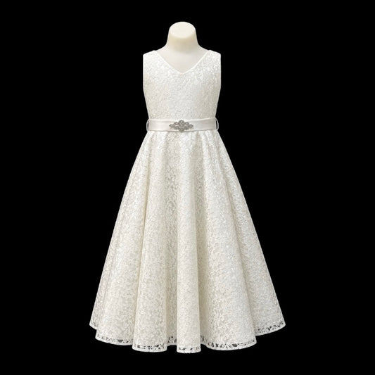 Ivory Lace Ankle-Length Dress with V-Neckline & Rhinestone Waist Detail (Size 10)