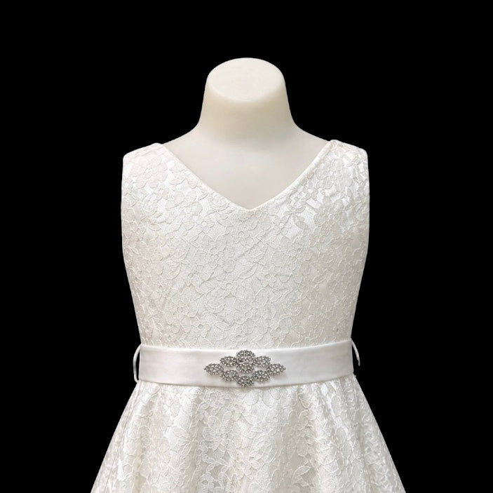 Ivory Lace Ankle-Length Dress with V-Neckline & Rhinestone Waist Detail (Size 10)
