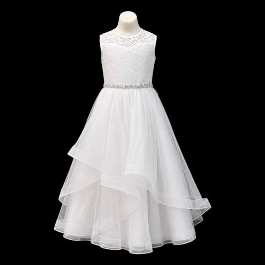 White Floral Lace Cap Sleeve Girls Formal Dress with Layered Tulle Skirt & Rhinestone Waist