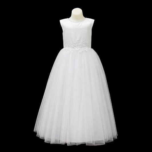 Cap Sleeve Girls Formal Dress with Pearl Neckline & Embroidered Lace Waist
